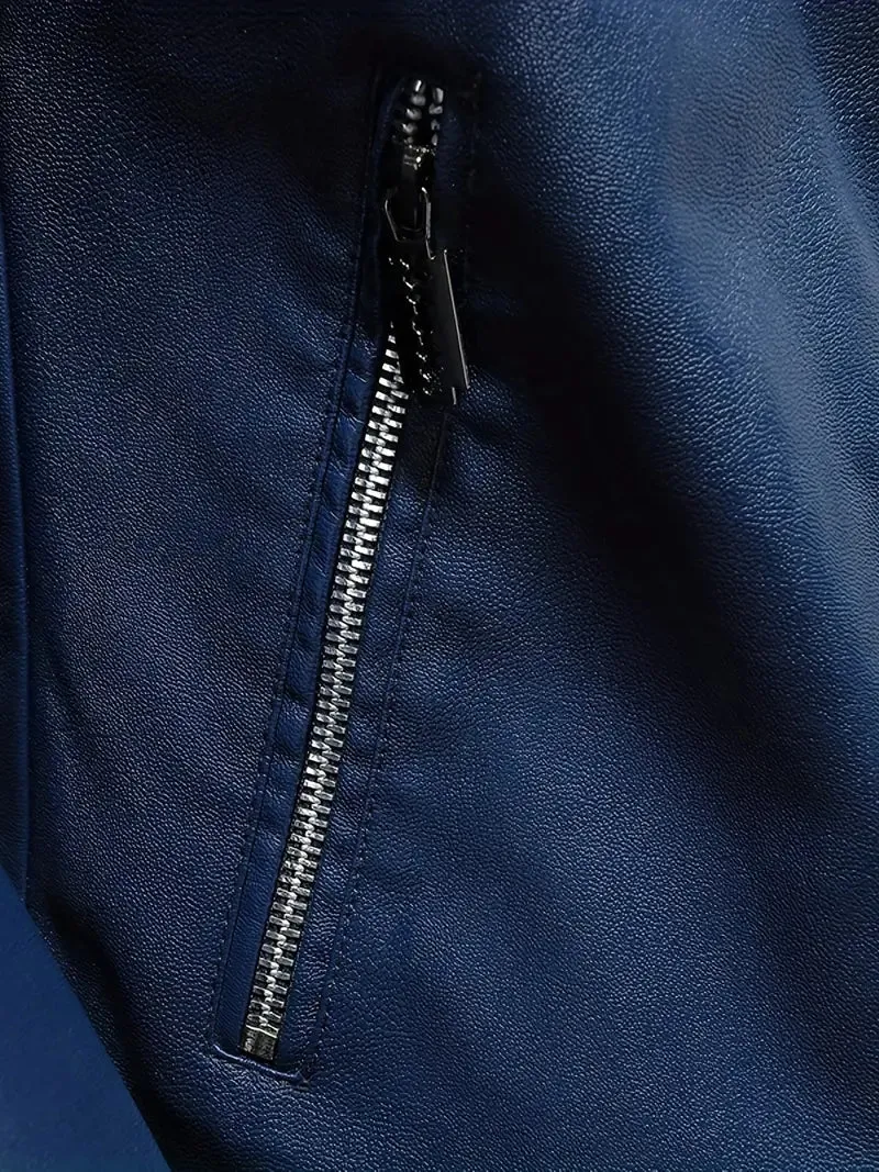 NEW Retails $79, Men's Vintage Look Cycling Jacket With Zipper Pocket, Casual Stand Collar Windproof Zip Up Comfy Jacket For Outdoor, Soft Faux Leather, Blue, Sz XL