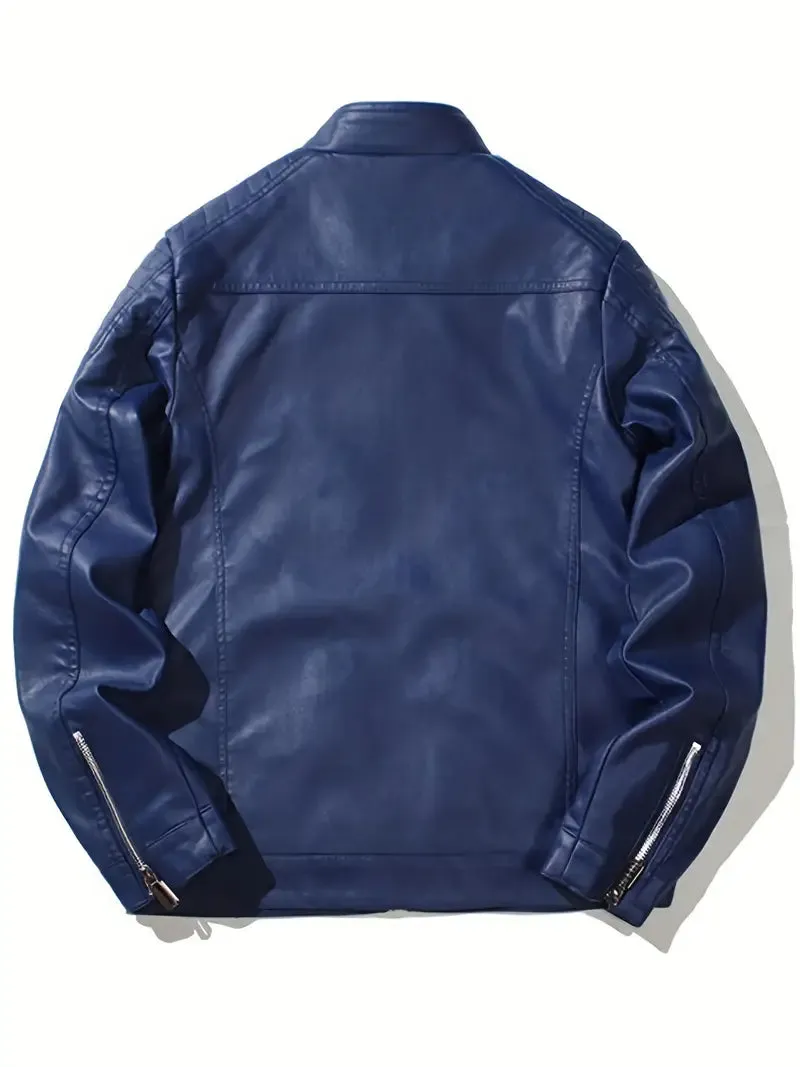 NEW Retails $79, Men's Vintage Look Cycling Jacket With Zipper Pocket, Casual Stand Collar Windproof Zip Up Comfy Jacket For Outdoor, Soft Faux Leather, Blue, Sz XL