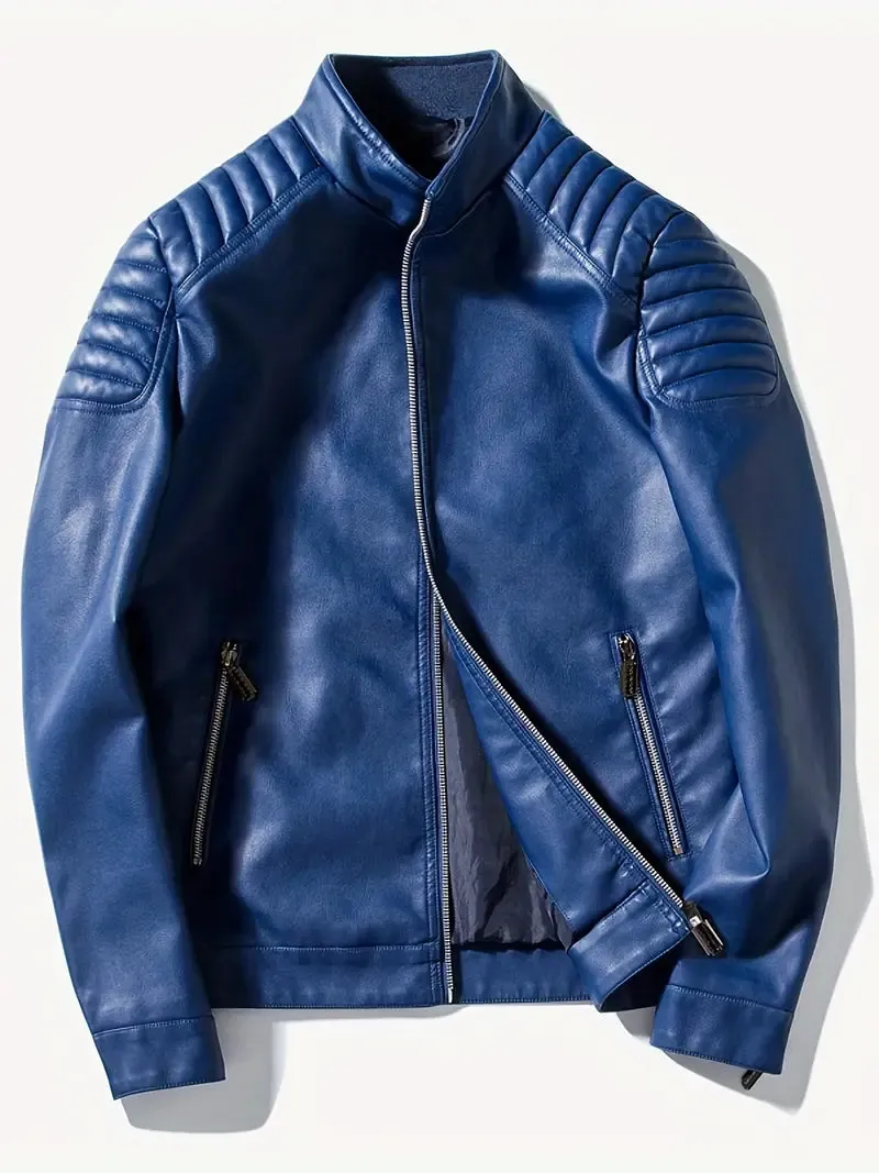 NEW Retails $79, Men's Vintage Look Cycling Jacket With Zipper Pocket, Casual Stand Collar Windproof Zip Up Comfy Jacket For Outdoor, Soft Faux Leather, Blue, Sz XL