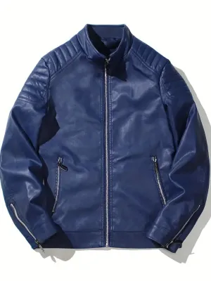 NEW Retails $79, Men's Vintage Look Cycling Jacket With Zipper Pocket, Casual Stand Collar Windproof Zip Up Comfy Jacket For Outdoor, Soft Faux Leather, Blue, Sz XL