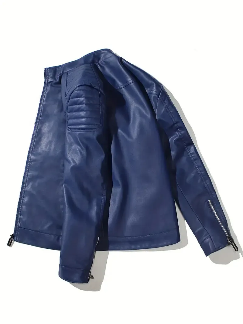 NEW Retails $79, Men's Vintage Look Cycling Jacket With Zipper Pocket, Casual Stand Collar Windproof Zip Up Comfy Jacket For Outdoor, Soft Faux Leather, Blue, Sz XL