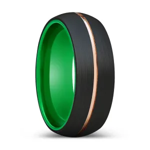 OCELOT | Green Ring, Black Tungsten Ring, Rose Gold Groove, Domed