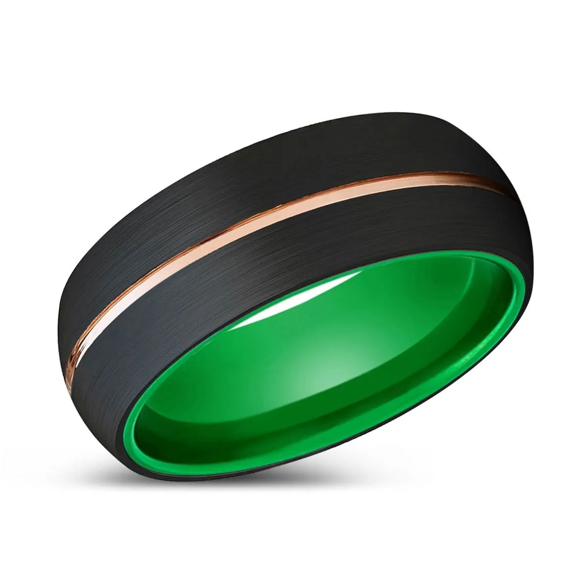 OCELOT | Green Ring, Black Tungsten Ring, Rose Gold Groove, Domed