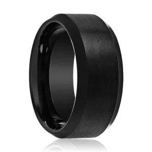 PORTENT | Black Tungsten Ring, Brushed, Beveled