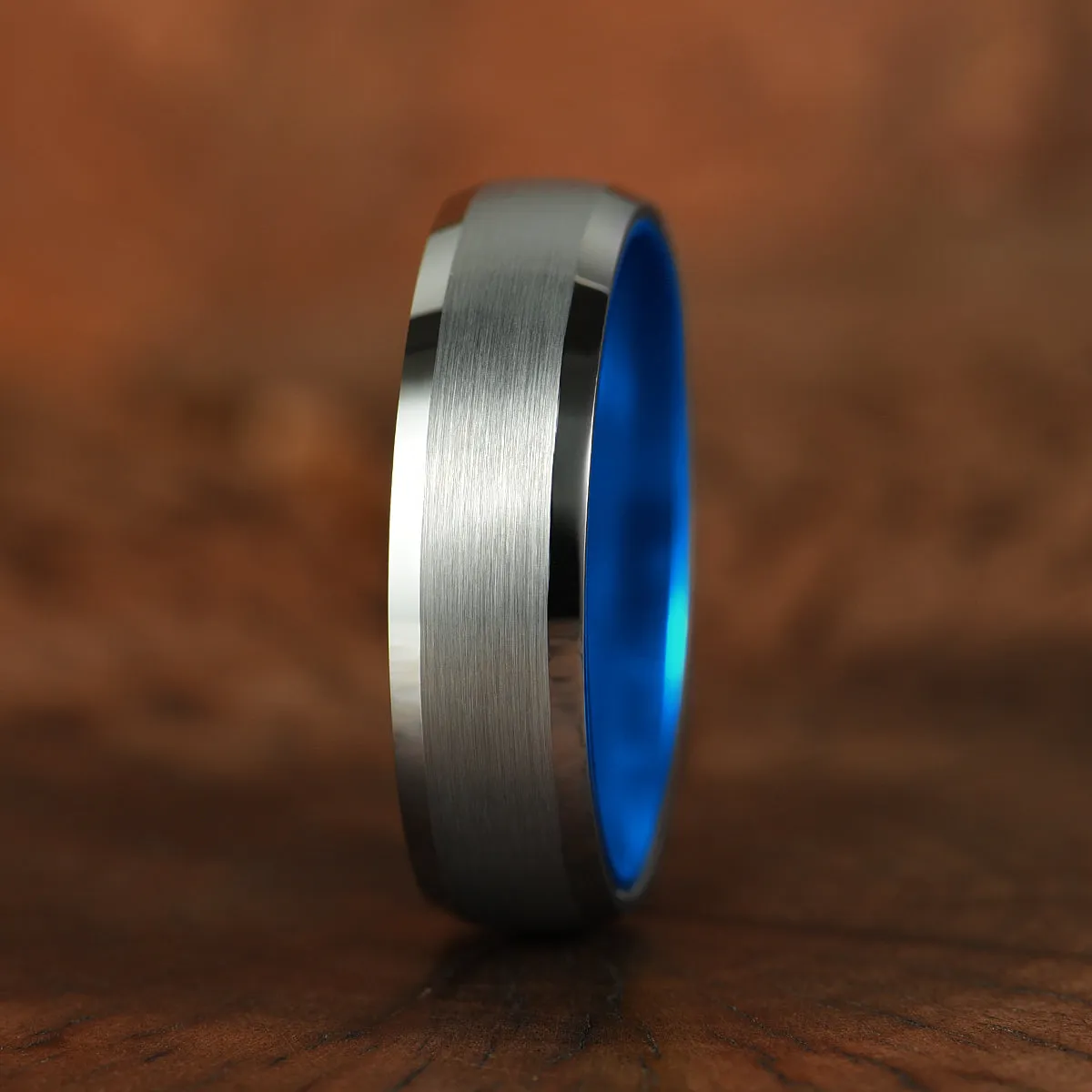 Pristine Passion Blue Interior Silver Tungsten Wedding Band 8MM