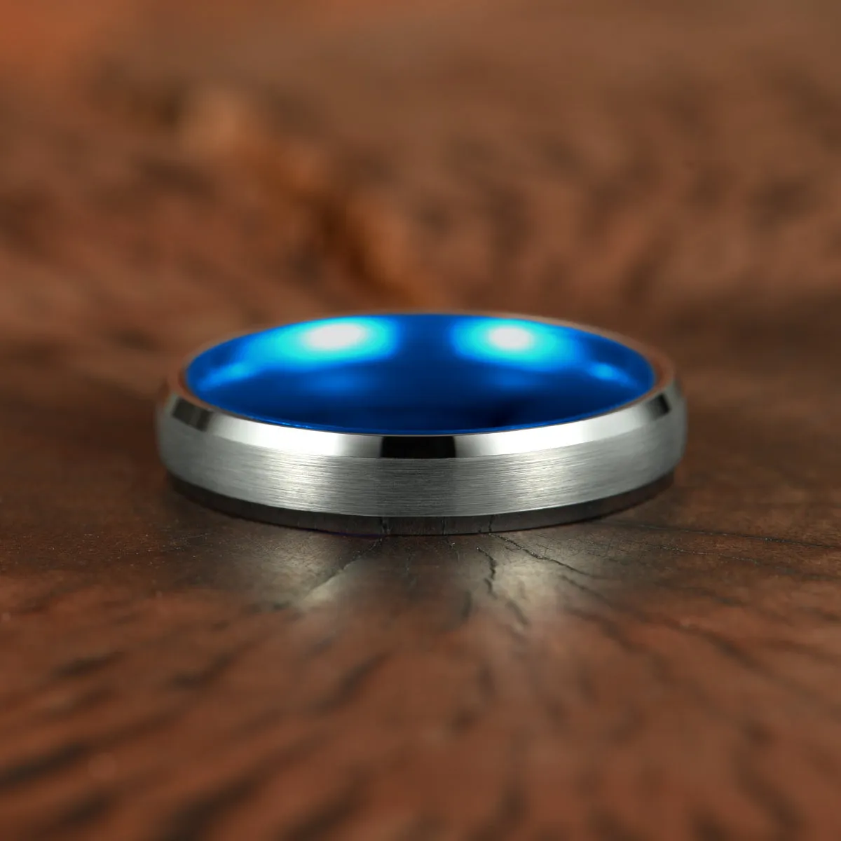 Pristine Passion Blue Interior Silver Tungsten Wedding Band 8MM