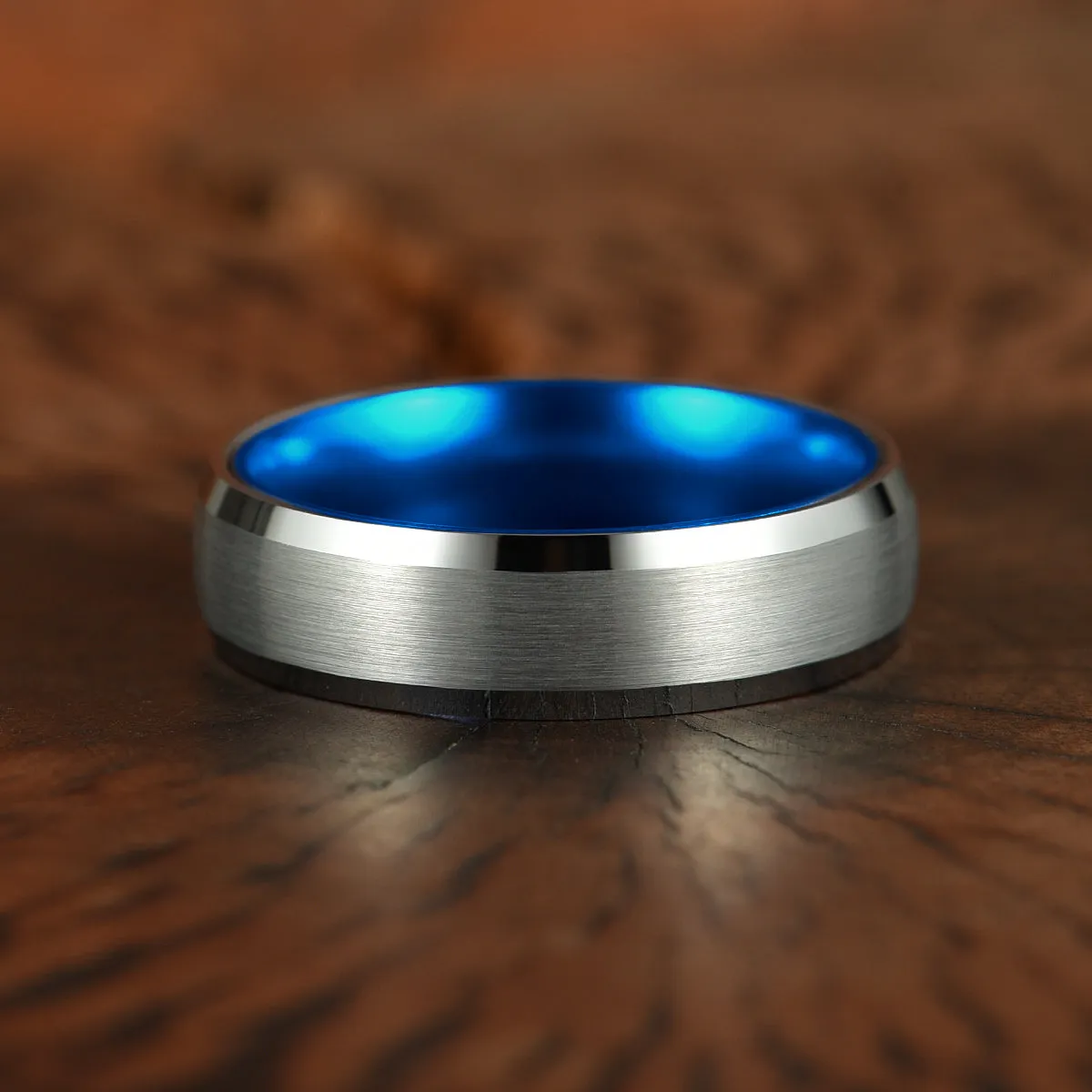 Pristine Passion Blue Interior Silver Tungsten Wedding Band 8MM