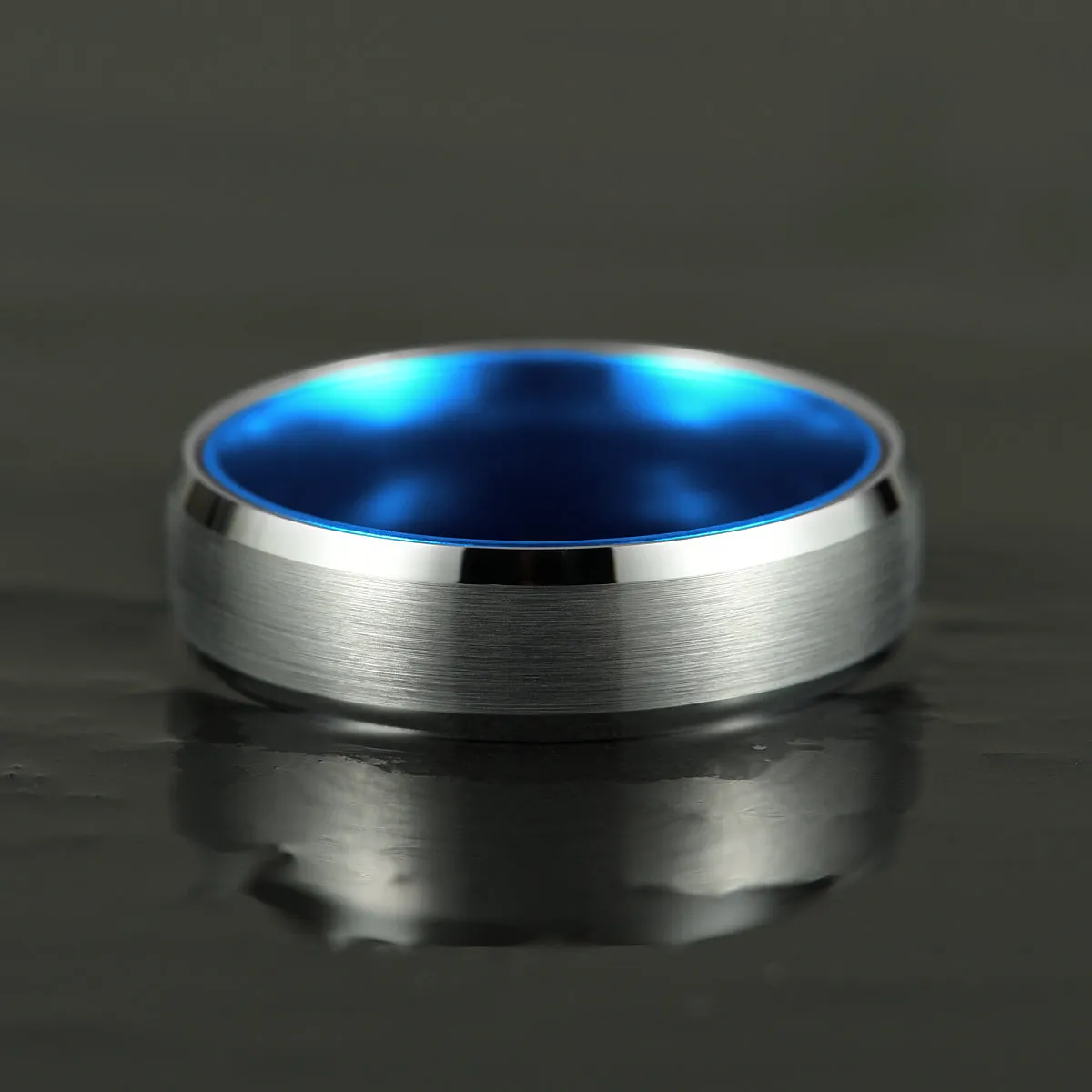 Pristine Passion Blue Interior Silver Tungsten Wedding Band 8MM