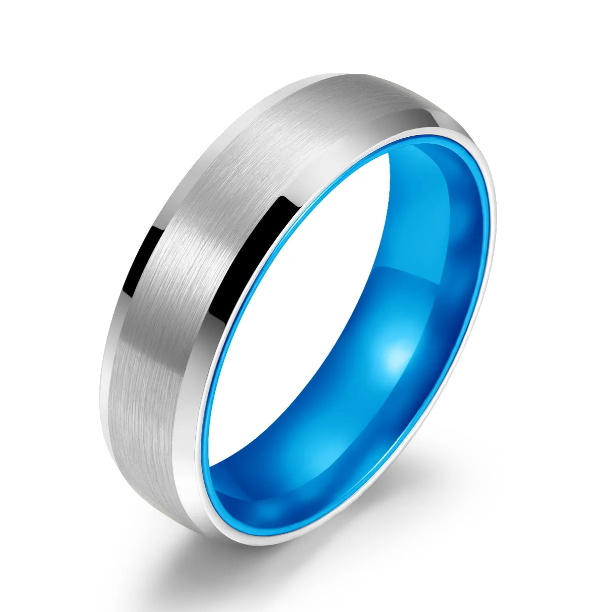 Pristine Passion Blue Interior Silver Tungsten Wedding Band 8MM