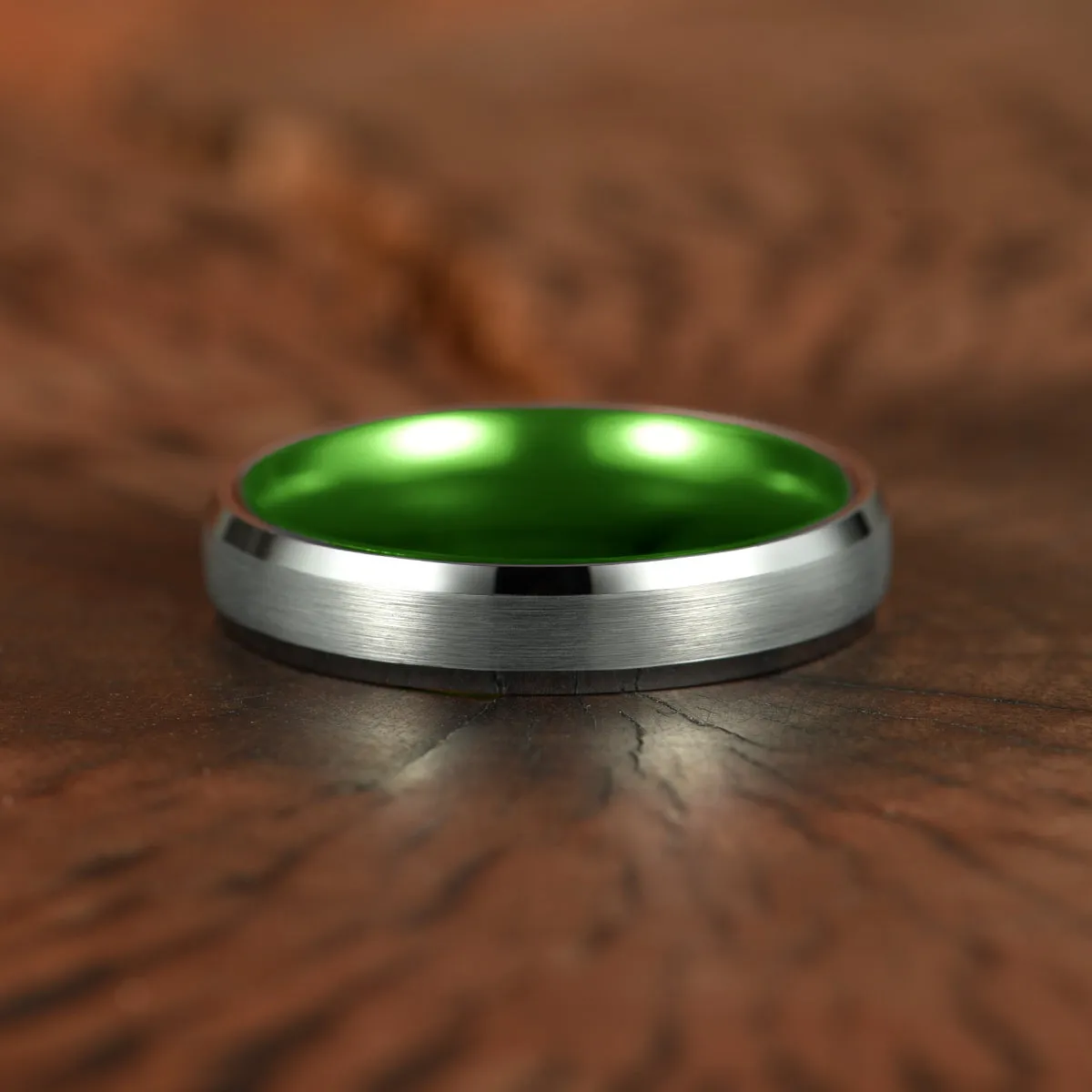 Pristine Passion Green Interior Silver Tungsten Wedding Band 8MM