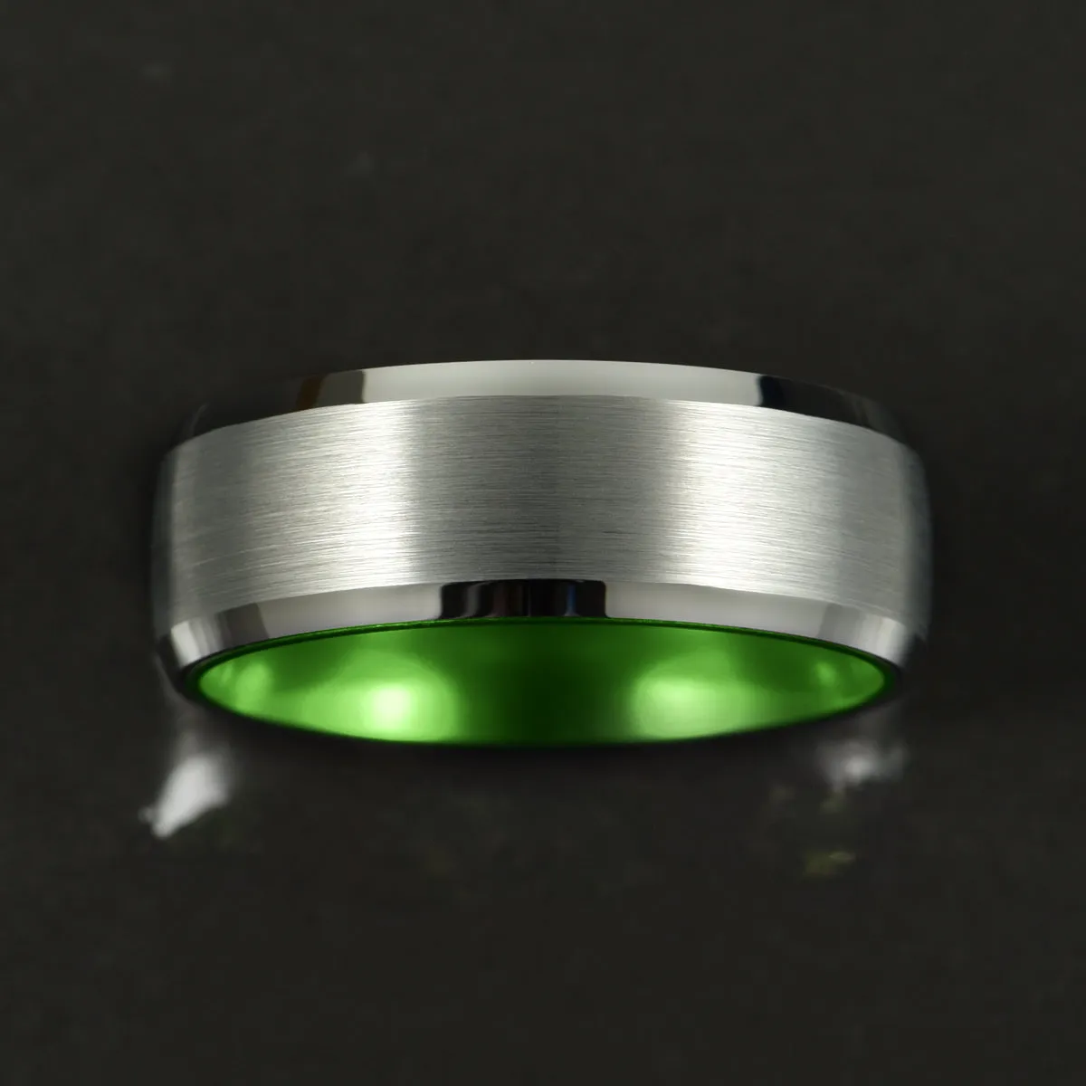 Pristine Passion Green Interior Silver Tungsten Wedding Band 8MM