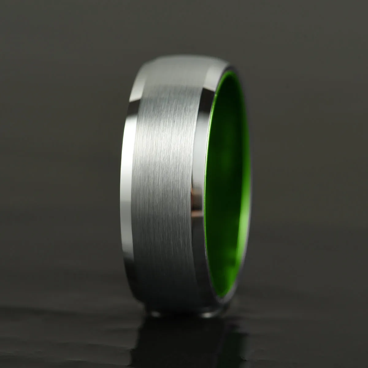 Pristine Passion Green Interior Silver Tungsten Wedding Band 8MM