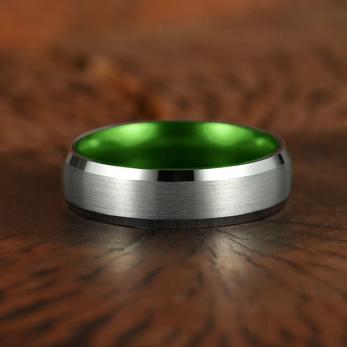 Pristine Passion Green Interior Silver Tungsten Wedding Band 8MM
