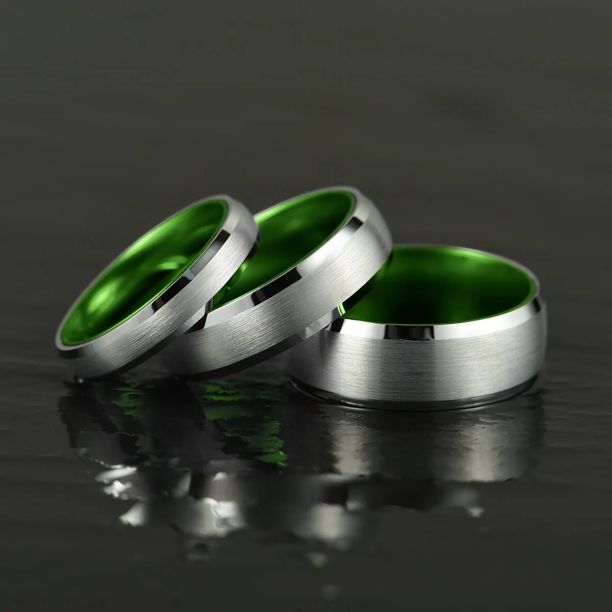 Pristine Passion Green Interior Silver Tungsten Wedding Band 8MM