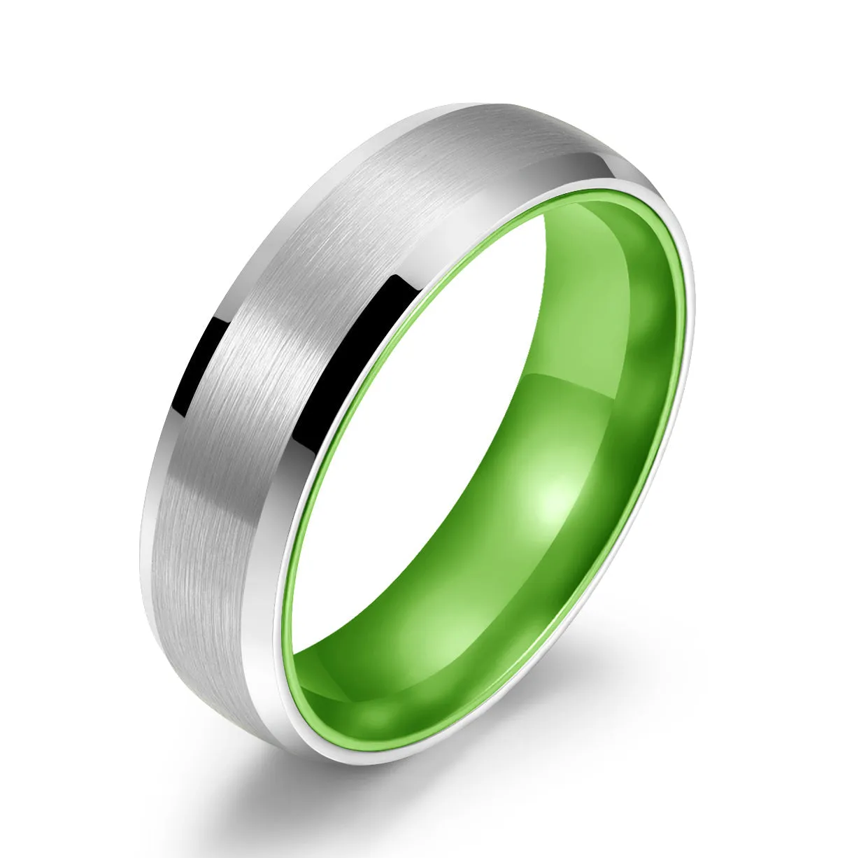 Pristine Passion Green Interior Silver Tungsten Wedding Band 8MM