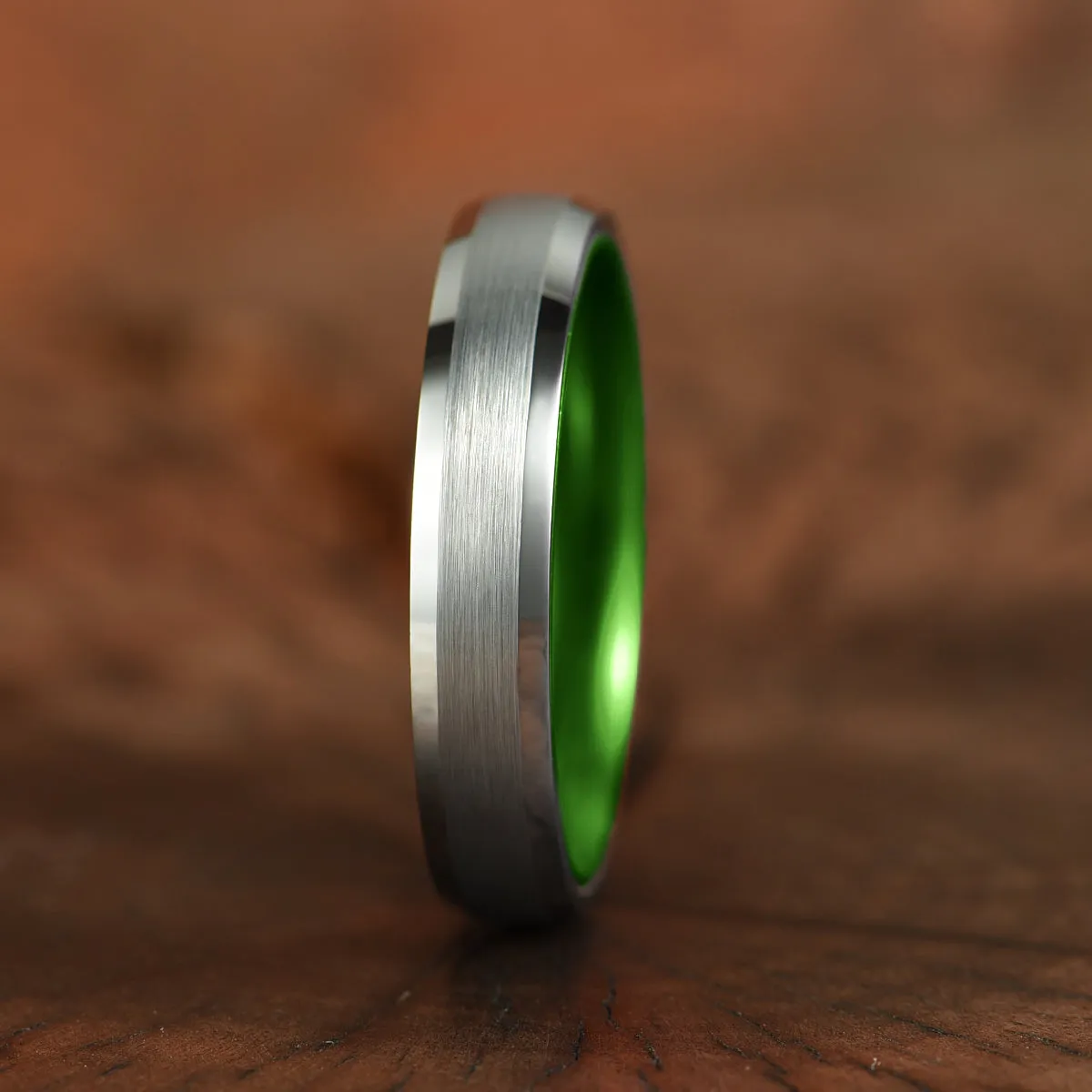 Pristine Passion Green Interior Silver Tungsten Wedding Band 8MM