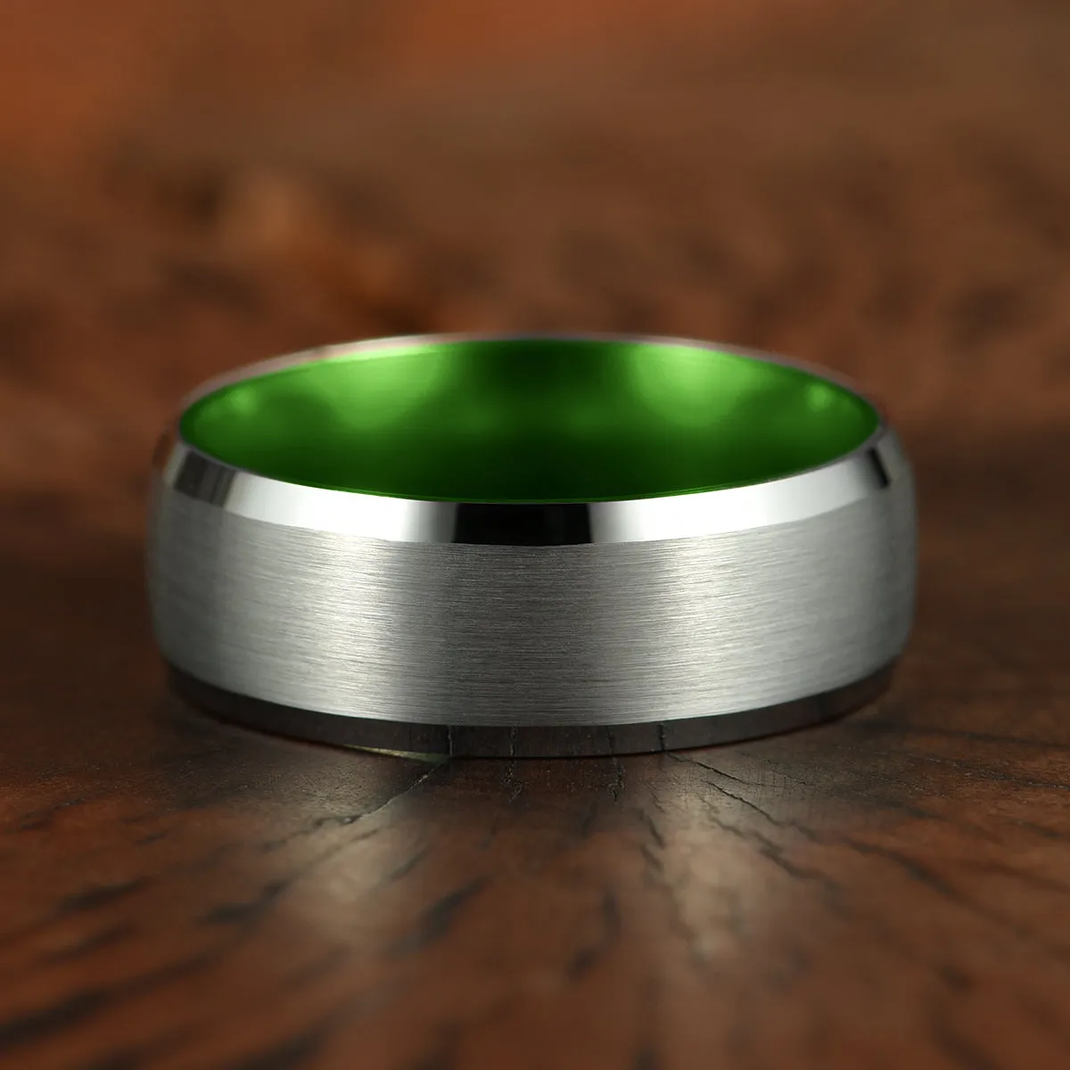Pristine Passion Green Interior Silver Tungsten Wedding Band 8MM