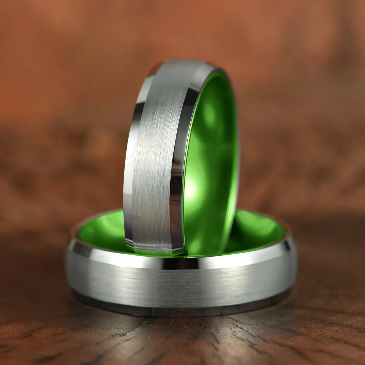 Pristine Passion Green Interior Silver Tungsten Wedding Band 8MM