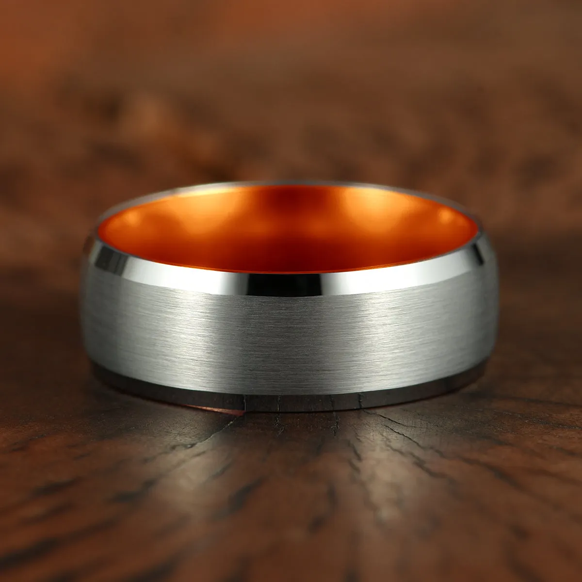 Pristine Passion Orange Interior Silver Tungsten Wedding Band 6MM