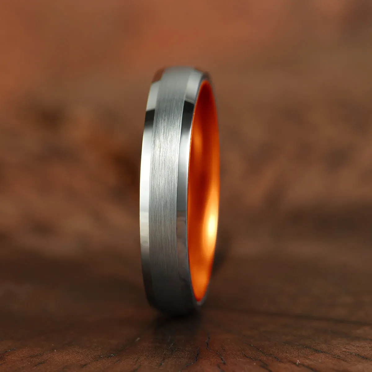Pristine Passion Orange Interior Silver Tungsten Wedding Band 6MM