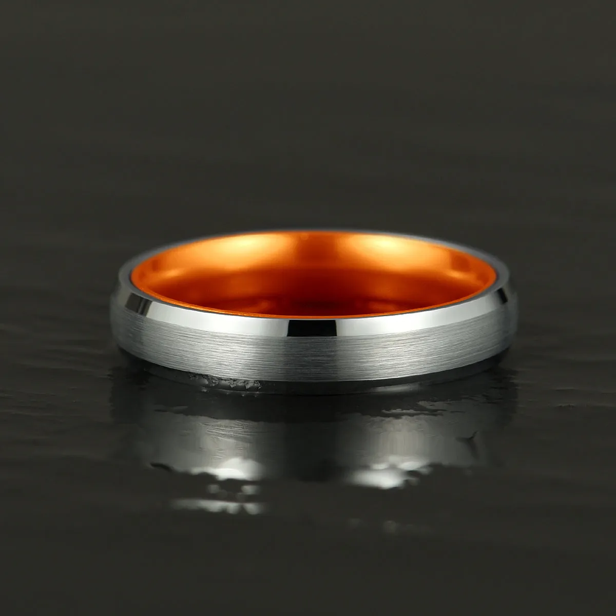 Pristine Passion Orange Interior Silver Tungsten Wedding Band 6MM