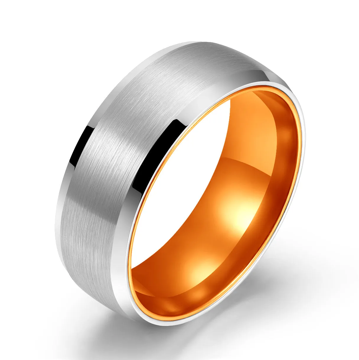 Pristine Passion Orange Interior Silver Tungsten Wedding Band 6MM
