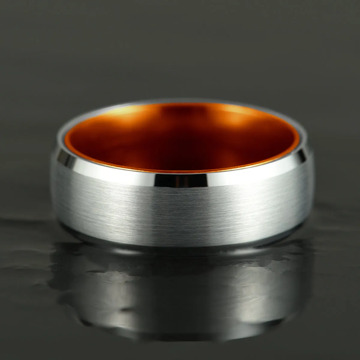 Pristine Passion Orange Interior Silver Tungsten Wedding Band 6MM
