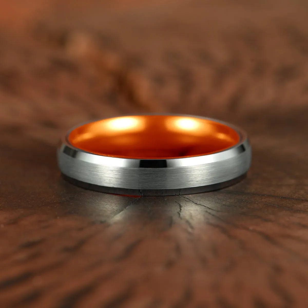 Pristine Passion Orange Interior Silver Tungsten Wedding Band 6MM