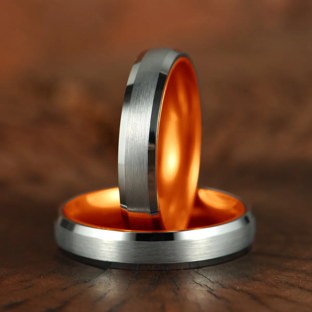 Pristine Passion Orange Interior Silver Tungsten Wedding Band 6MM