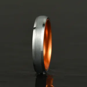 Pristine Passion Orange Interior Silver Tungsten Wedding Band 6MM