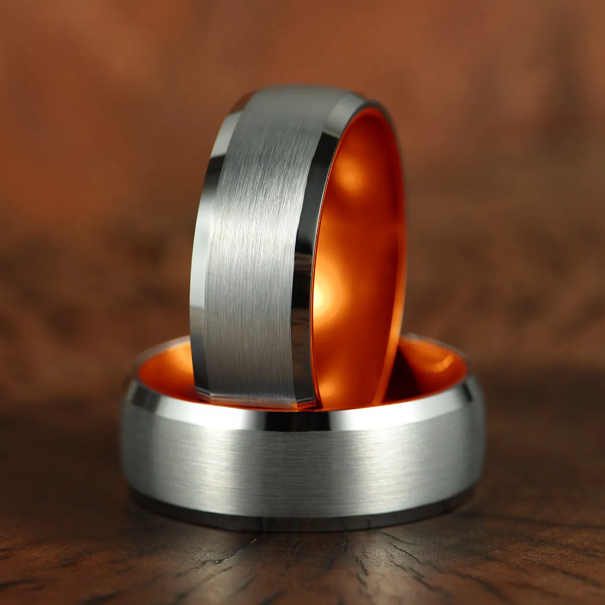 Pristine Passion Orange Interior Silver Tungsten Wedding Band 6MM