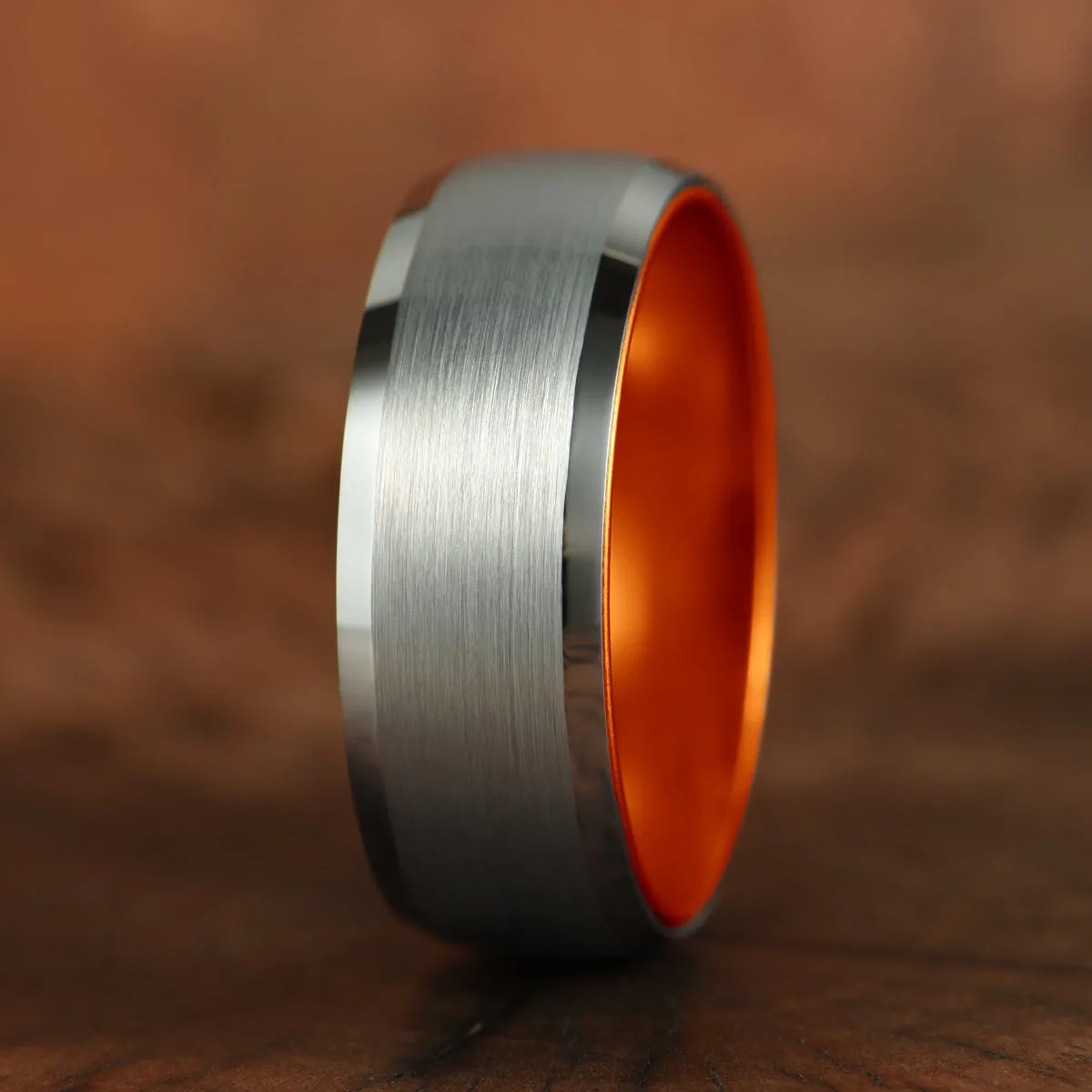 Pristine Passion Orange Interior Silver Tungsten Wedding Band 6MM