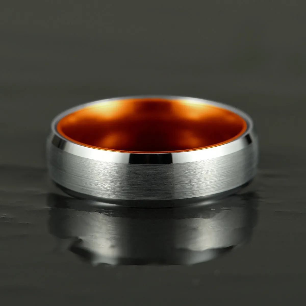 Pristine Passion Orange Interior Silver Tungsten Wedding Band 6MM