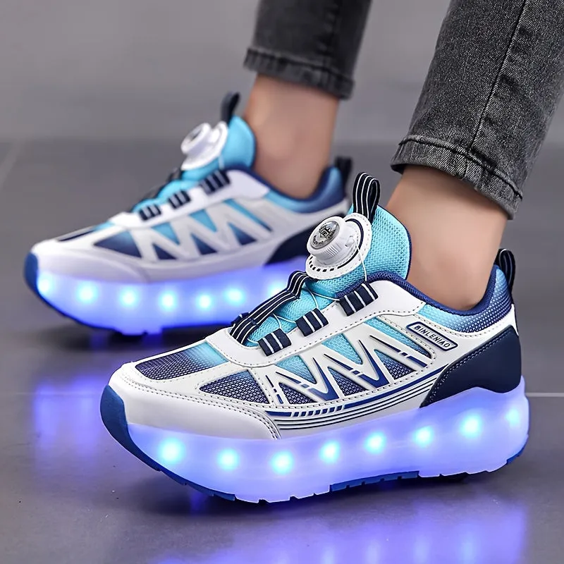 Roller Skateboard Shoes - Trendy Low Top Design with 16 Flashing Modes USB Rechargeable LED Light, Breathable Lightweight Anti Slip Retractable Wheel for Indoor Outdoor, All Seasons, Girls' Favorite