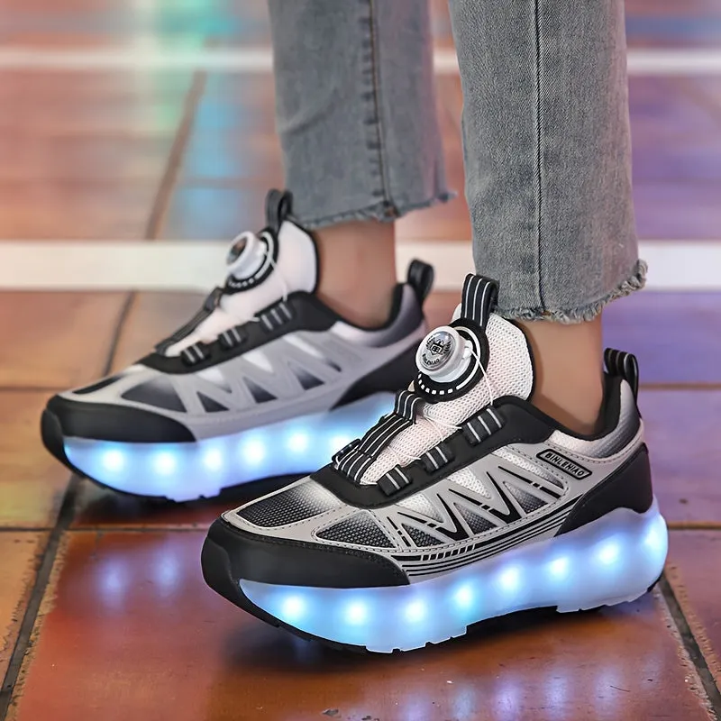 Roller Skateboard Shoes - Trendy Low Top Design with 16 Flashing Modes USB Rechargeable LED Light, Breathable Lightweight Anti Slip Retractable Wheel for Indoor Outdoor, All Seasons, Girls' Favorite