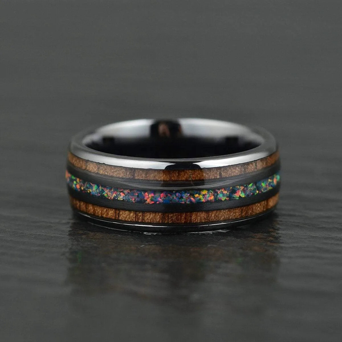 Shadow Opal - Opal and Koa Wood Black Ceramic Men's Wedding Band 6MM-8MM