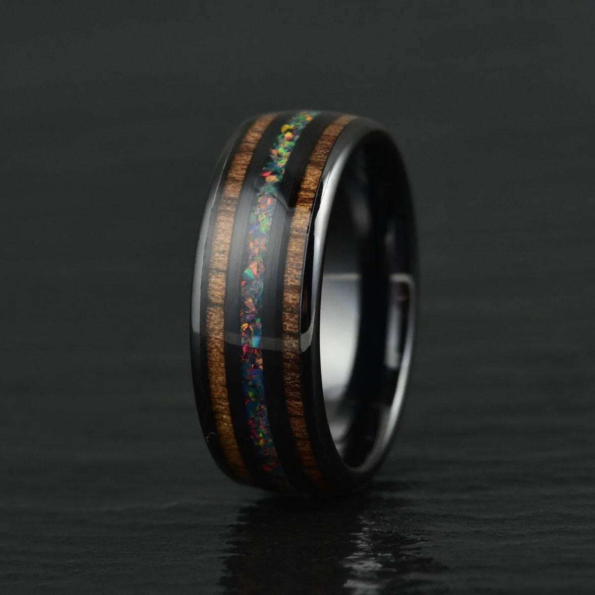 Shadow Opal - Opal and Koa Wood Black Ceramic Men's Wedding Band 6MM-8MM
