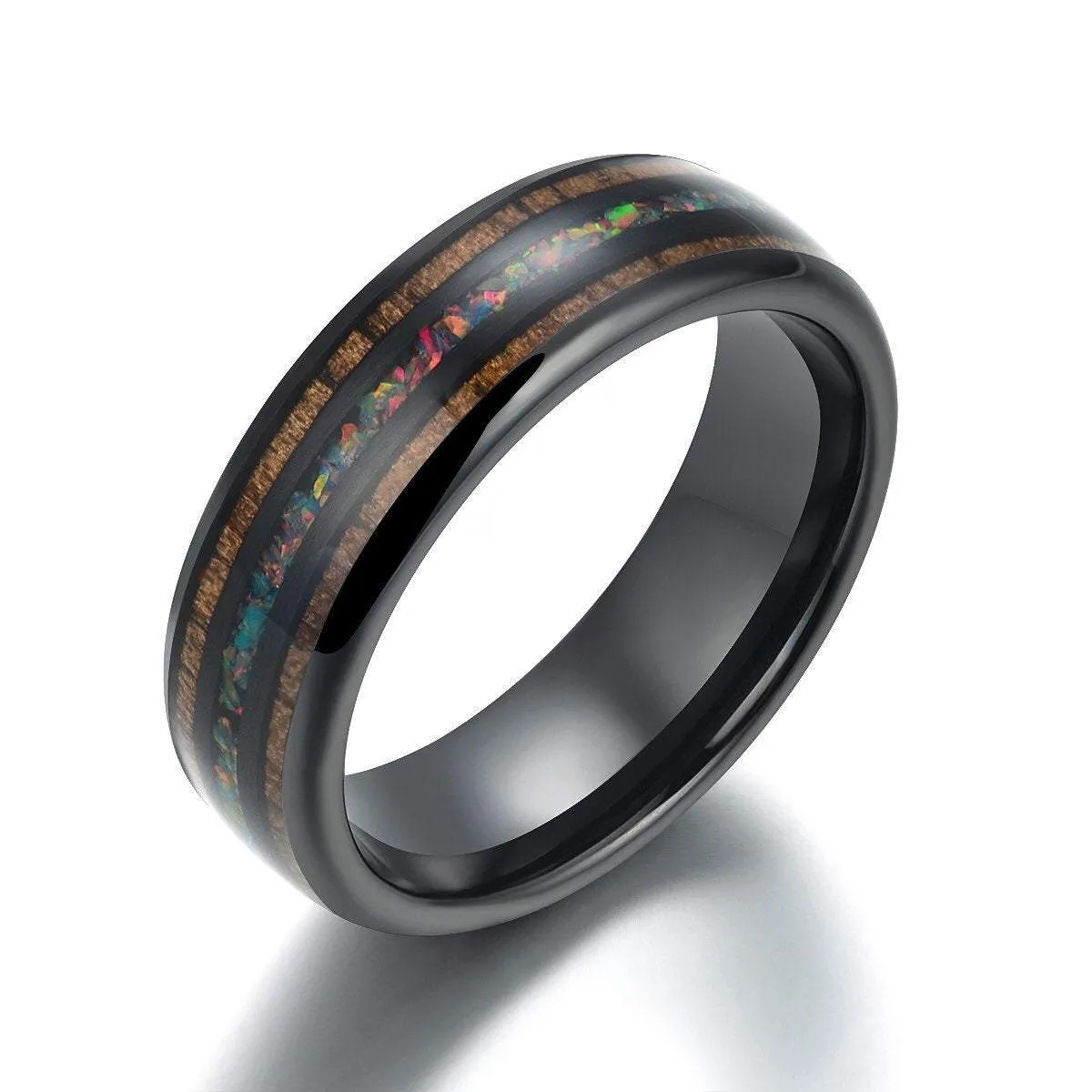 Shadow Opal - Opal and Koa Wood Black Ceramic Men's Wedding Band 6MM-8MM