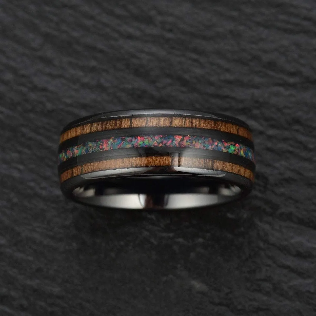 Shadow Opal - Opal and Koa Wood Black Ceramic Men's Wedding Band 6MM-8MM