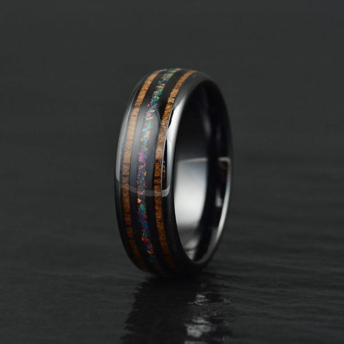 Shadow Opal - Opal and Koa Wood Black Ceramic Men's Wedding Band 6MM-8MM
