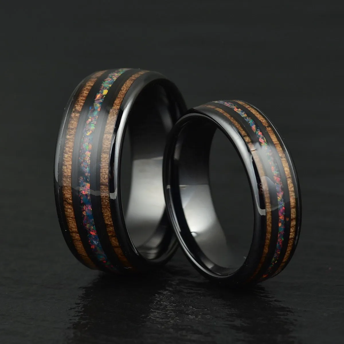 Shadow Opal - Opal and Koa Wood Black Ceramic Men's Wedding Band 6MM-8MM