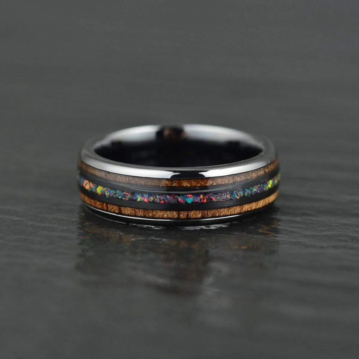 Shadow Opal - Opal and Koa Wood Black Ceramic Men's Wedding Band 6MM-8MM