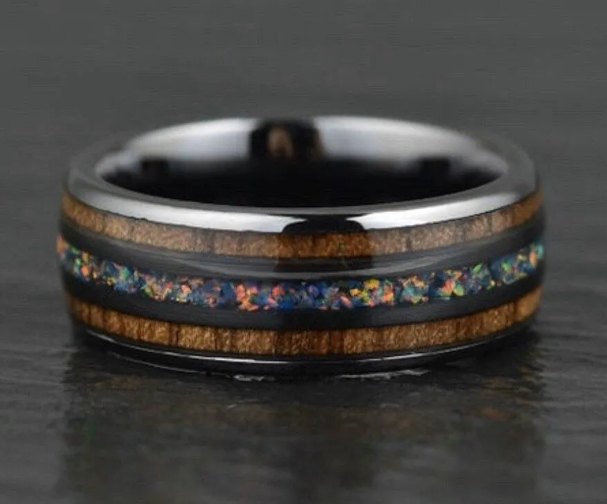 Shadow Opal - Opal and Koa Wood Black Ceramic Men's Wedding Band 6MM-8MM