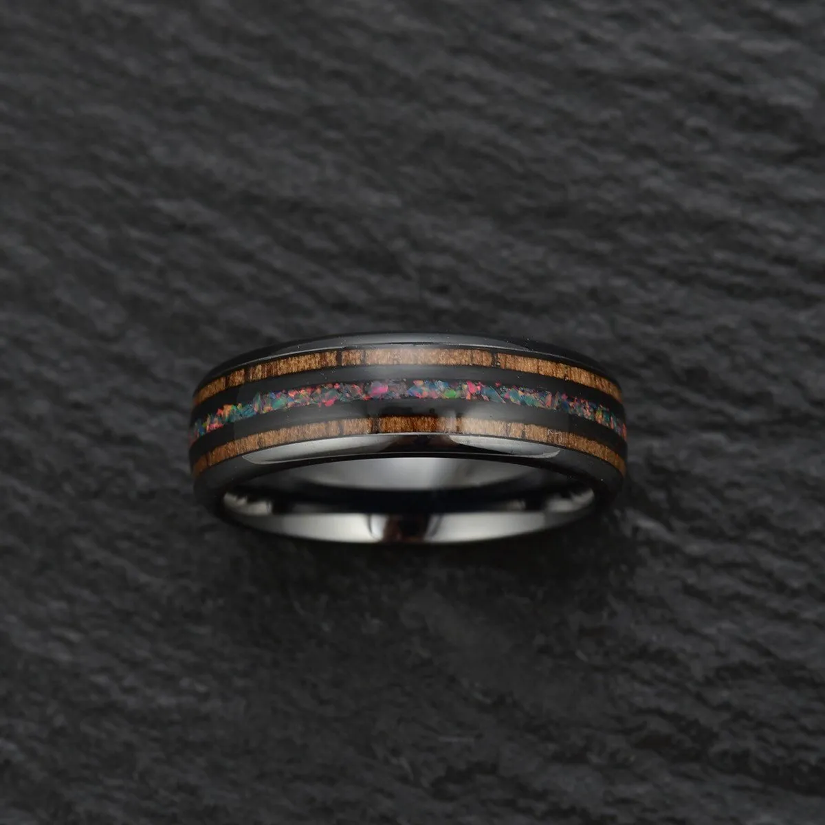 Shadow Opal - Opal and Koa Wood Black Ceramic Men's Wedding Band 6MM-8MM