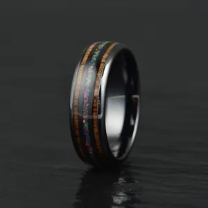 Shadow Opal - Opal and Koa Wood Black Ceramic Men's Wedding Band 6MM-8MM