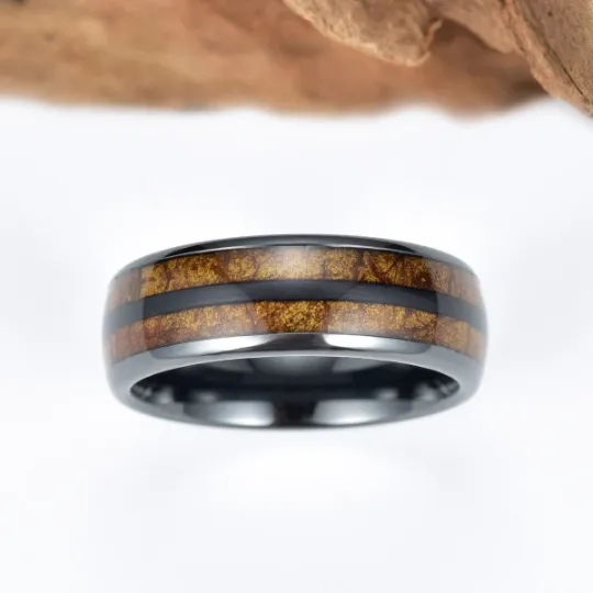 Smokey Joe - Black Ceramic Tobbaco Leaf Wood Men's Wedding Band 8MM