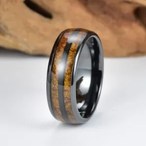 Smokey Joe - Black Ceramic Tobbaco Leaf Wood Men's Wedding Band 8MM