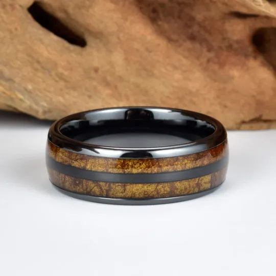 Smokey Joe - Black Ceramic Tobbaco Leaf Wood Men's Wedding Band 8MM