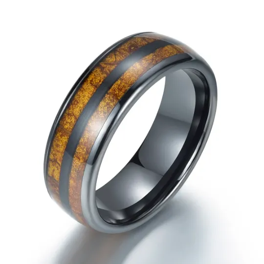 Smokey Joe - Black Ceramic Tobbaco Leaf Wood Men's Wedding Band 8MM