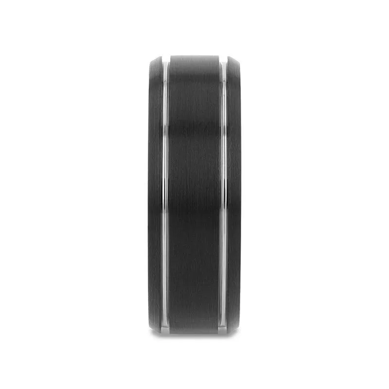 Thorsten NOCTURNE Black Beveled Tungsten Carbide Band with Polished Grooves and Brushed Finish - 6mm or 8mm